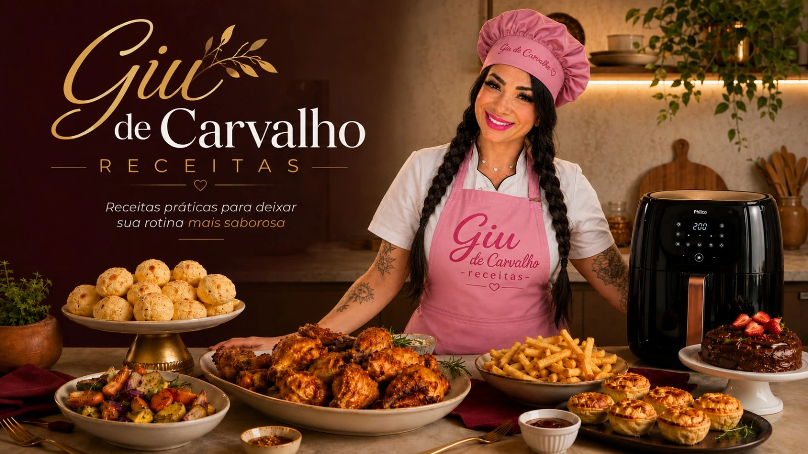 Giu de Carvalho em sua cozinha, com pratos preparados